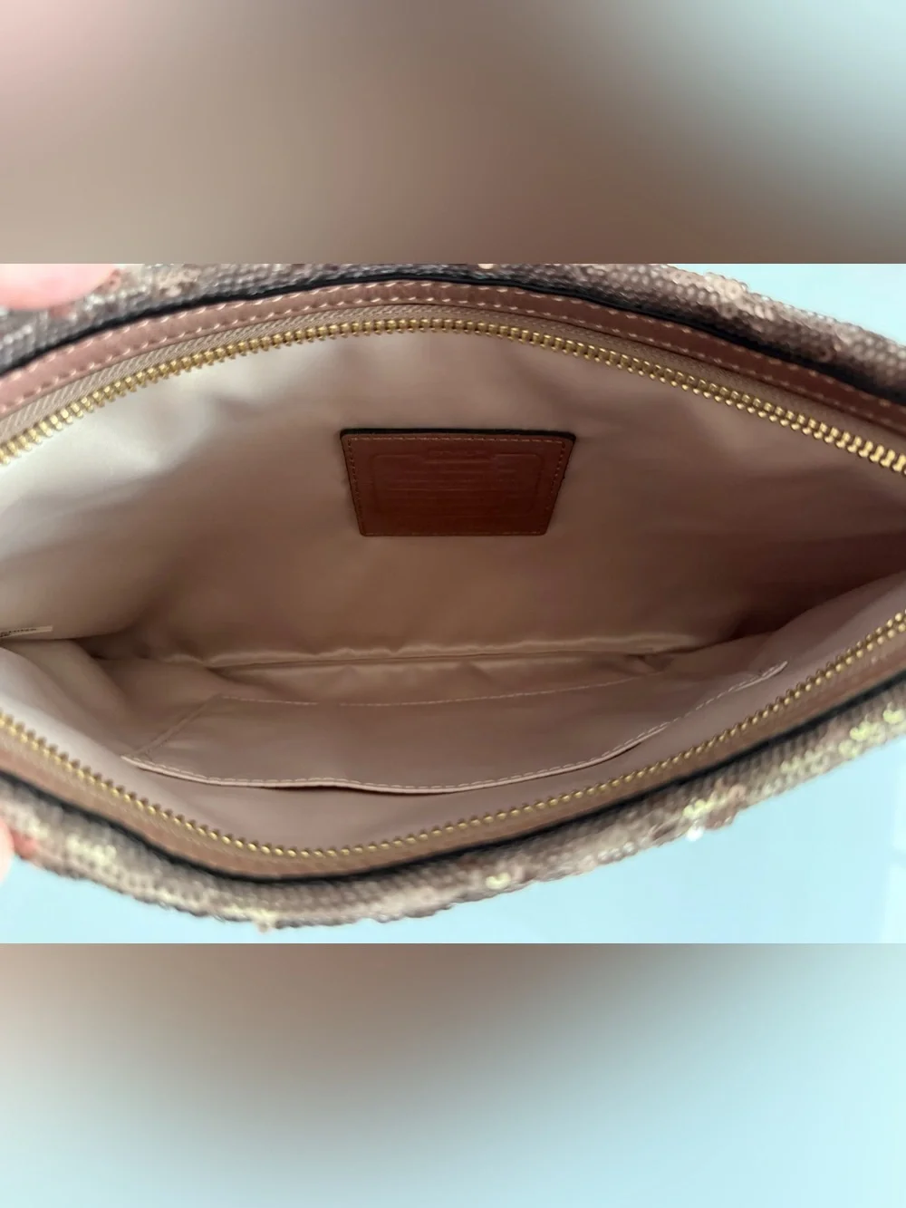 Coach 26484 Madison Rose Gold Sequin Large Wristlet Clutch Bag - EUC